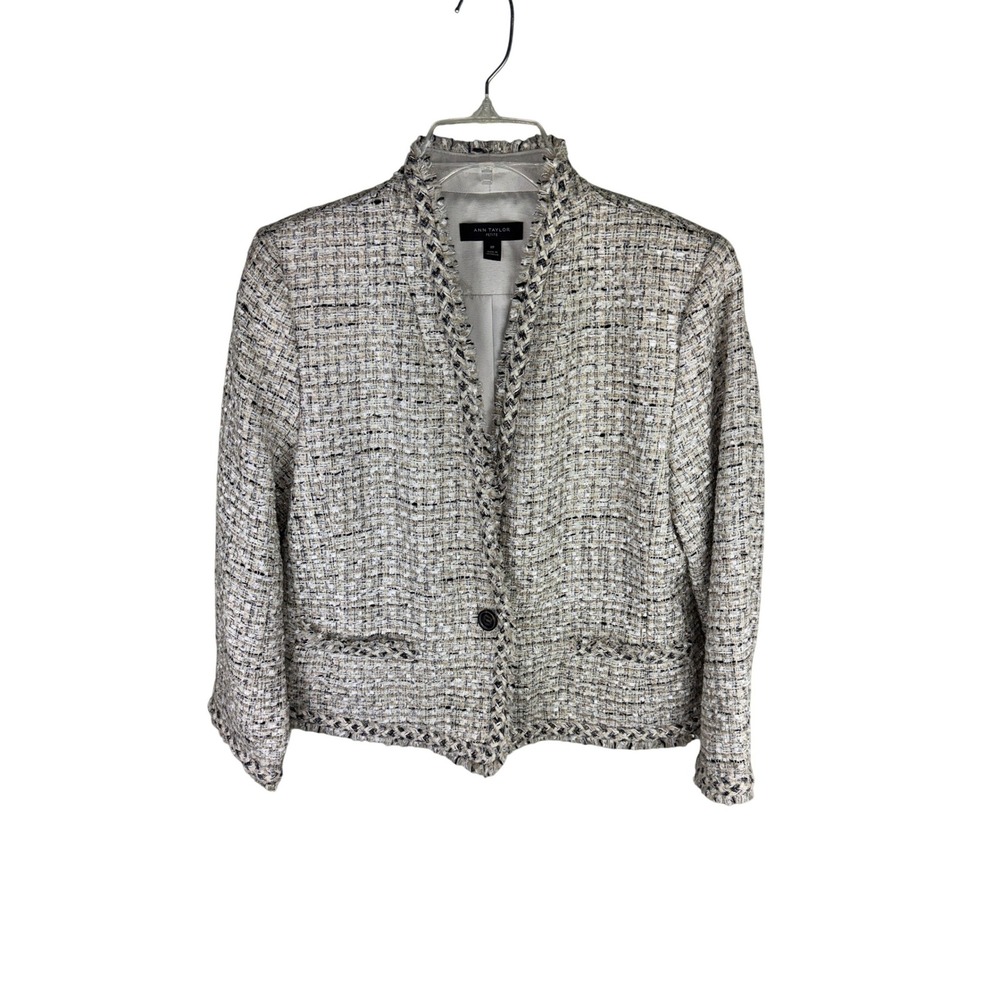 Ann Taylor Petite Tweed Blazer Jacket Multi Color Braided Trim‎ Size 10P